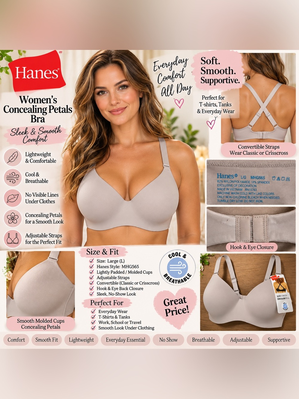Hanes Light Mauve Seamless T-Shirt Bra